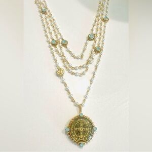 Gold-Tone Multi-Strand Pearl Necklace with Turquoise Accents - Designer